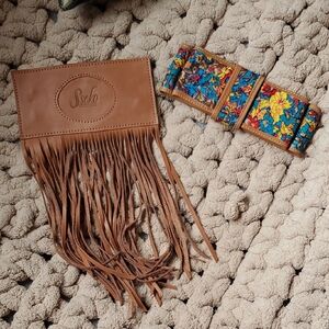 Sseko Tan Leather Fringe and Floral Bow Purse Accessory